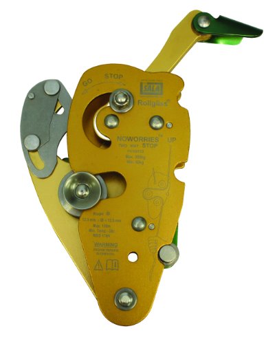 DBI-SALA,Rollgliss Technical Rescue, Noworries 8700077 Double Stop Descender, Anodized Gold Aluminum, Green Handle, Suits 1/2-Inch Rope