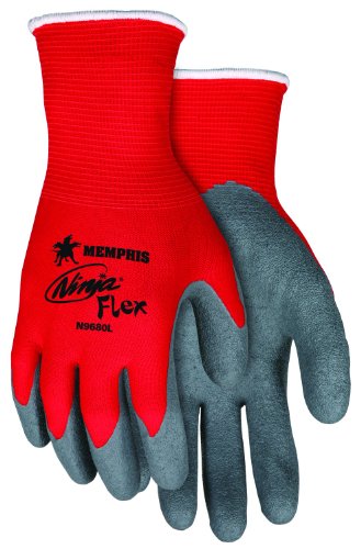 MCR Safety N9680XL Ninja Flex Nylon Shell Gloves with Latex Dip Palm and Fingertips, Gray/Red, X-Large